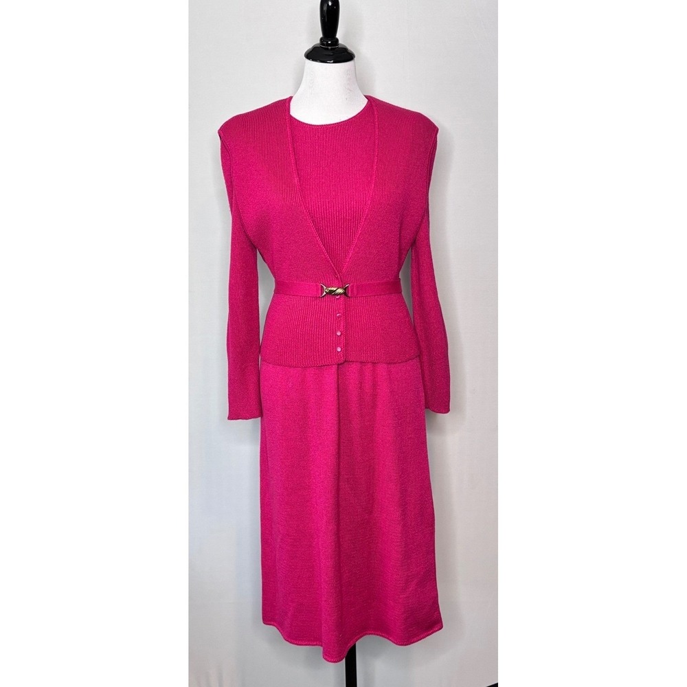 Vintage JT Martin 3 Piece Dress Set Womens Size M Fuchsia Knit Cardigan and Belt